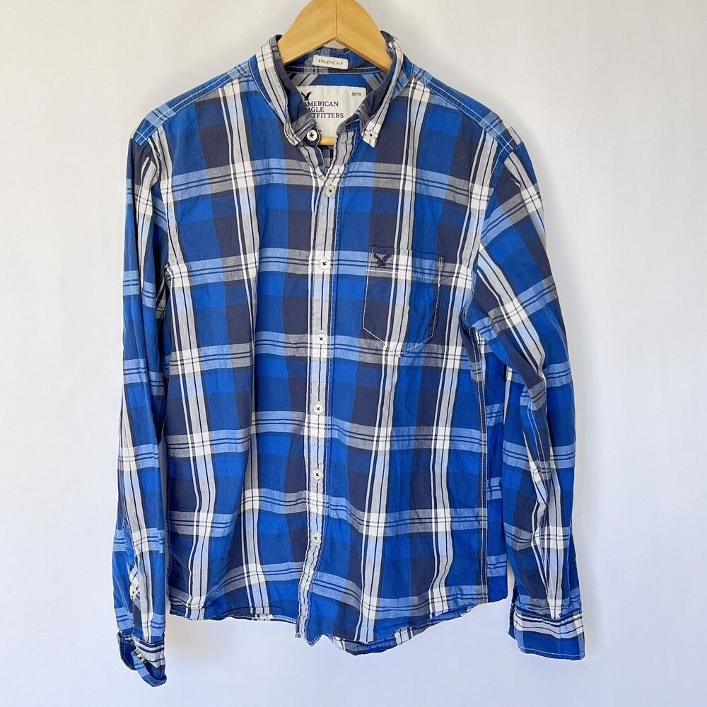 American Eagle Mens Shirt Size M Blue Black Plaid Athletic Fit Poplin Button Up